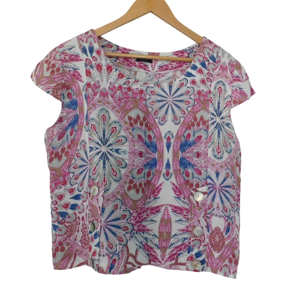 Luca Vanucci Linen Top Italy Floral Embroidered Blouse Size L Boho